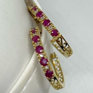 Vintage 14k Solid Yellow Gold Filigree Big Hoop Ruby Diamond Earrings